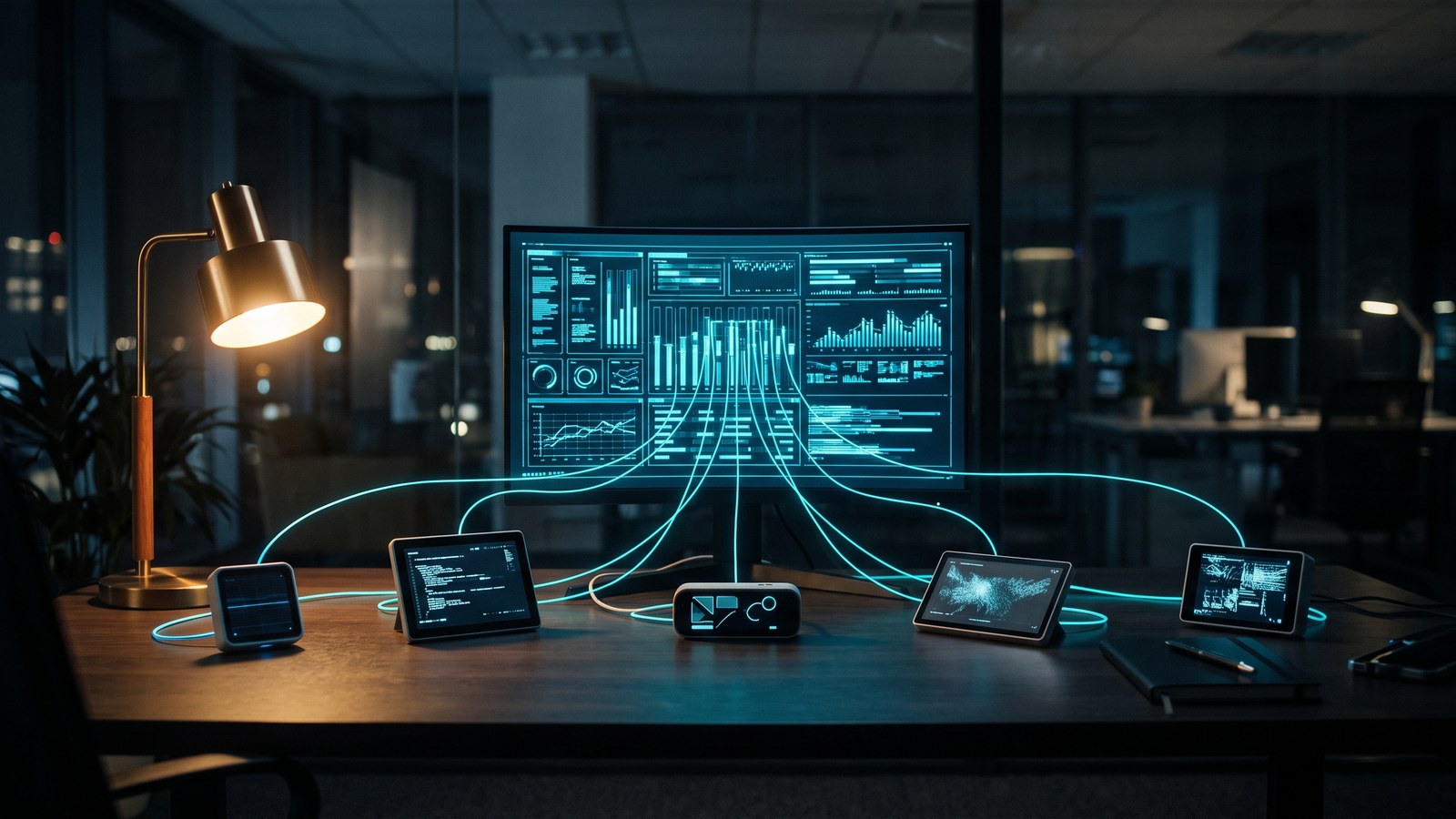 Varios dispositivos pequeños repartidos por un escritorio, unidos por líneas de luz que convergen en un único monitor central con un panel unificado