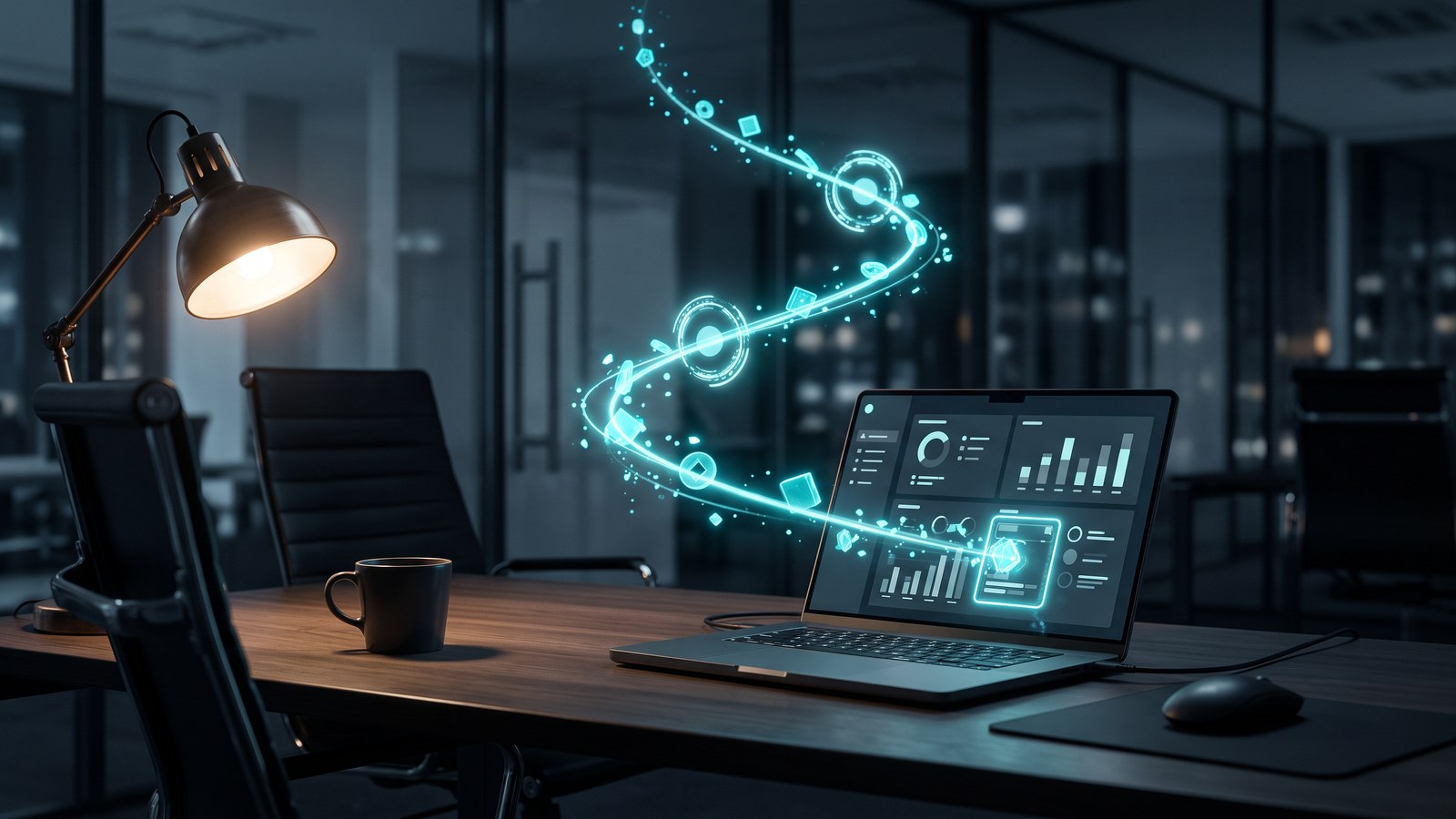 Un escritorio vacío de noche: sobre el portátil, un flujo luminoso de tareas atraviesa tres puntos de control y termina en el panel de la pantalla